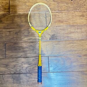 VTG 70s Dumont Wooden Badminton Racquet Yellow Blue Retro Sports Collectible